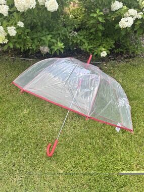 The Weather Station Clear Bubble Dome Umbrella Red Trim Automatic Open NWT